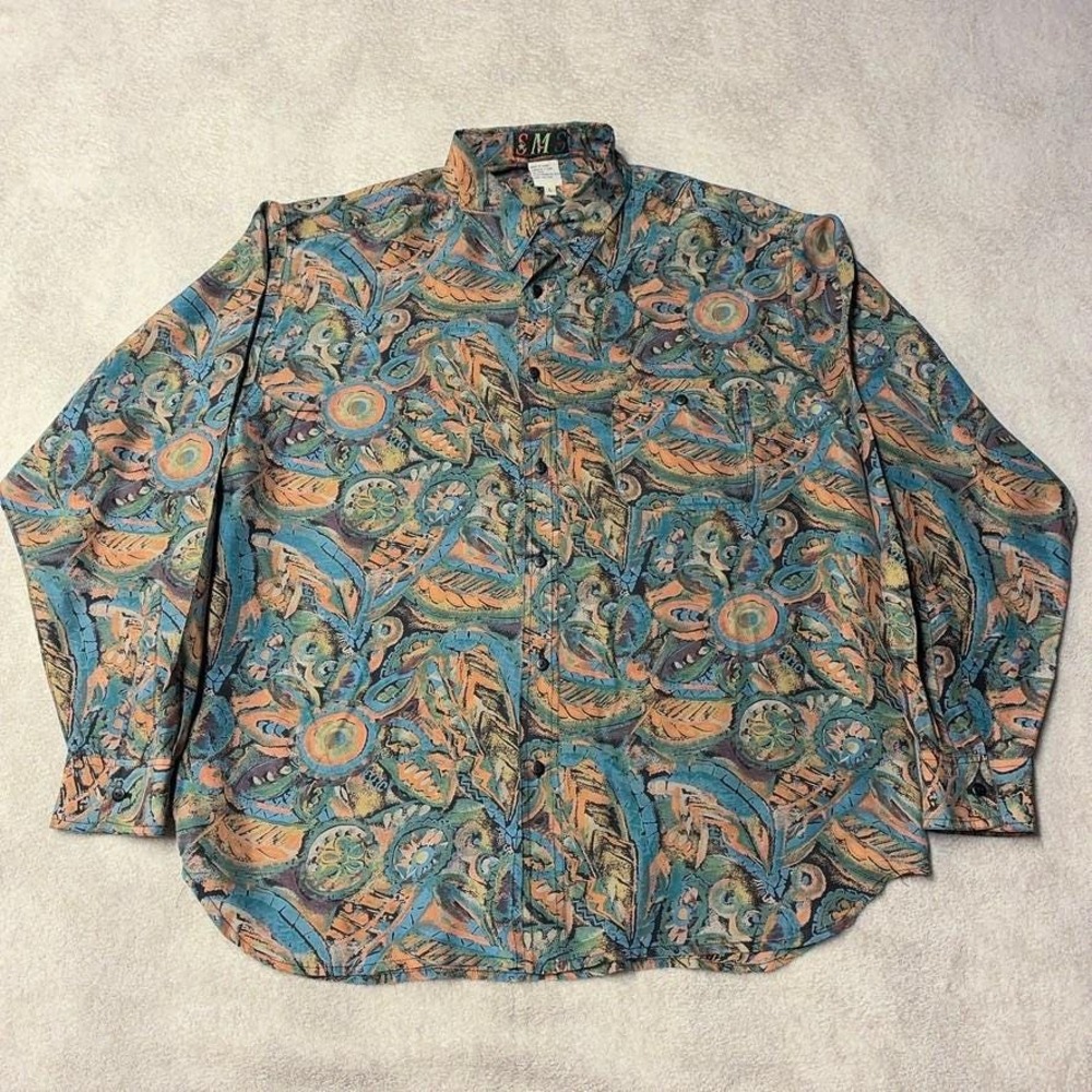 Vintage 80s 90s 100% Silk Discotheque Abstract Leaf Long Sleeve Shirt Mens L